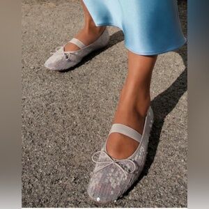 Zara Gray Silver Sequin Ballet Flats Semi Sheer Bow Sz 7.5 BNWT